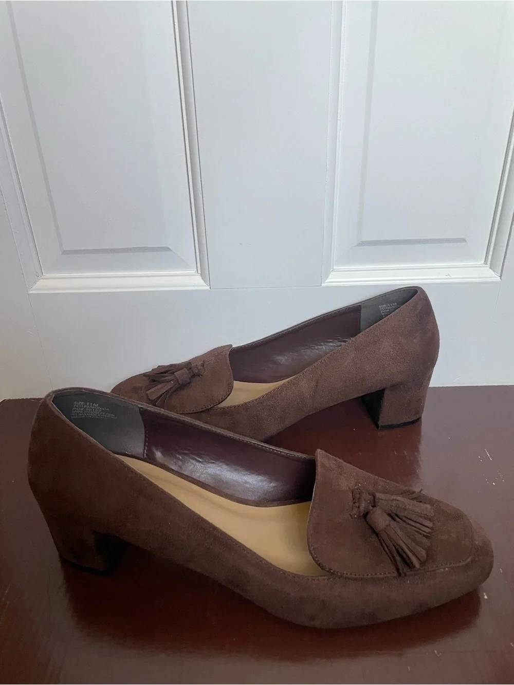 Chocolate brown suede chunky heeled loafers with tassels